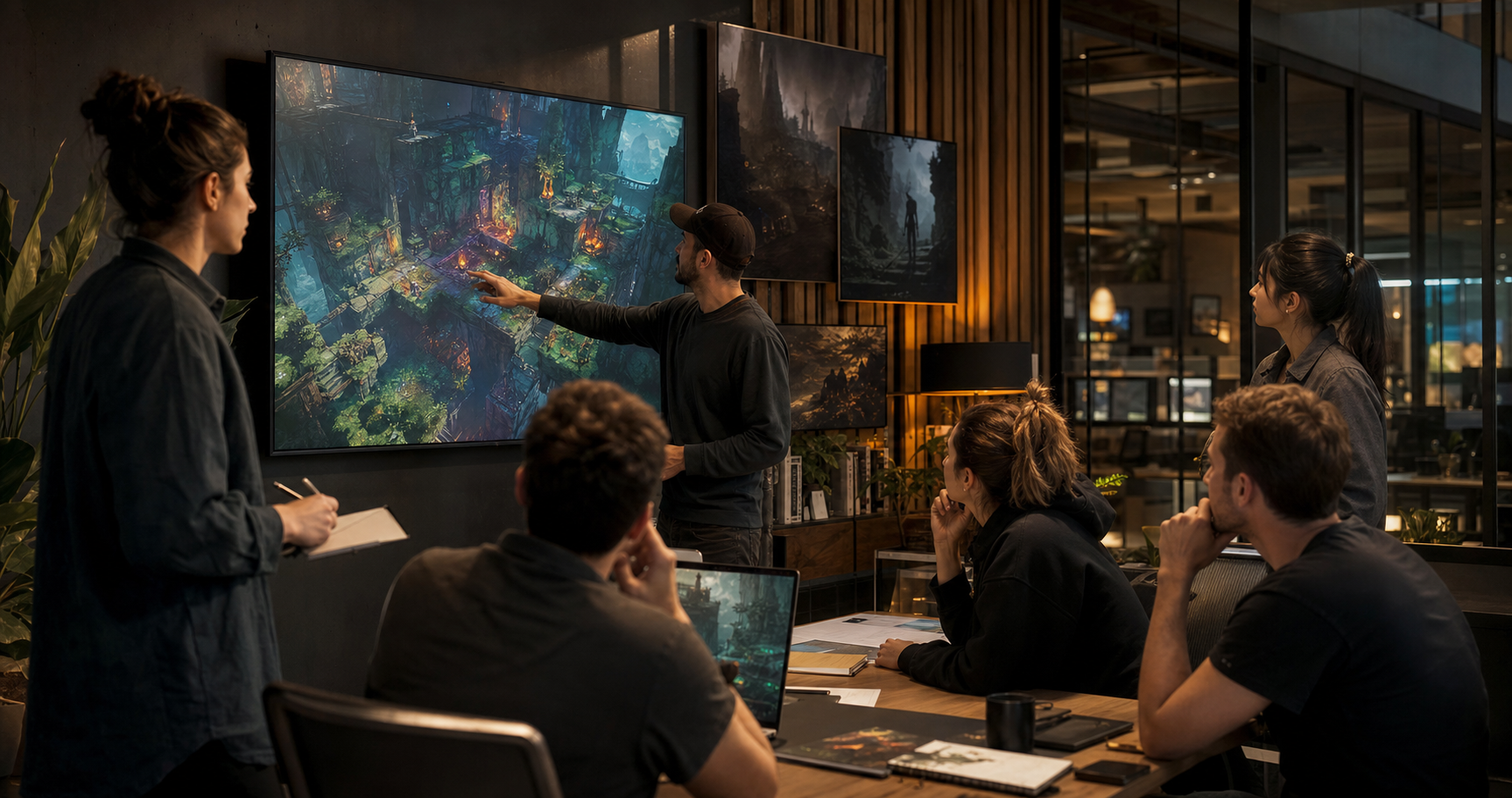 Team reviewing game artwork